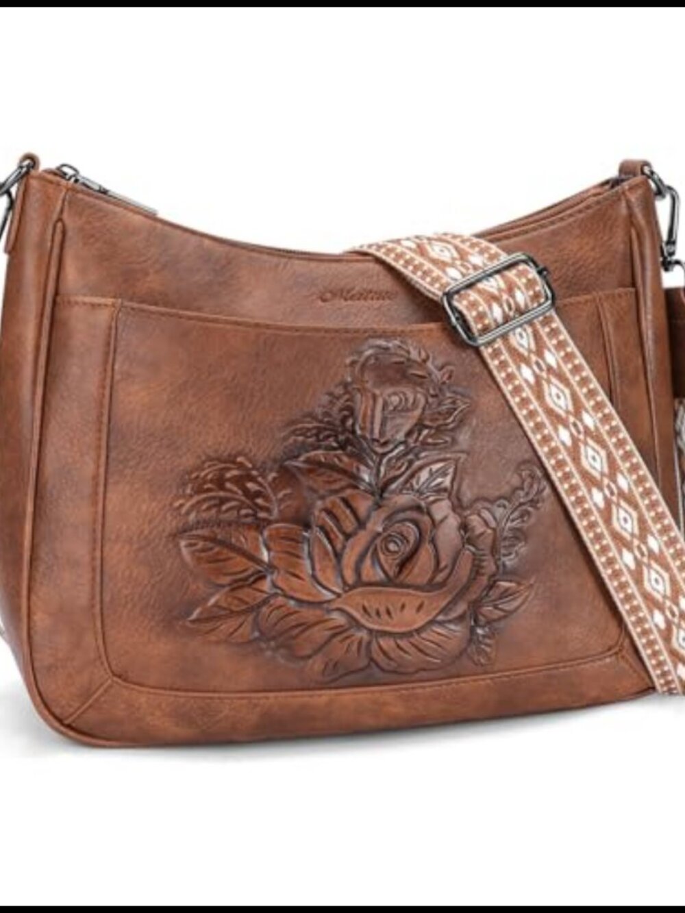 Vegan Leather Crossbody Hobo Bag Rose Embossed Detachable Strap Medium